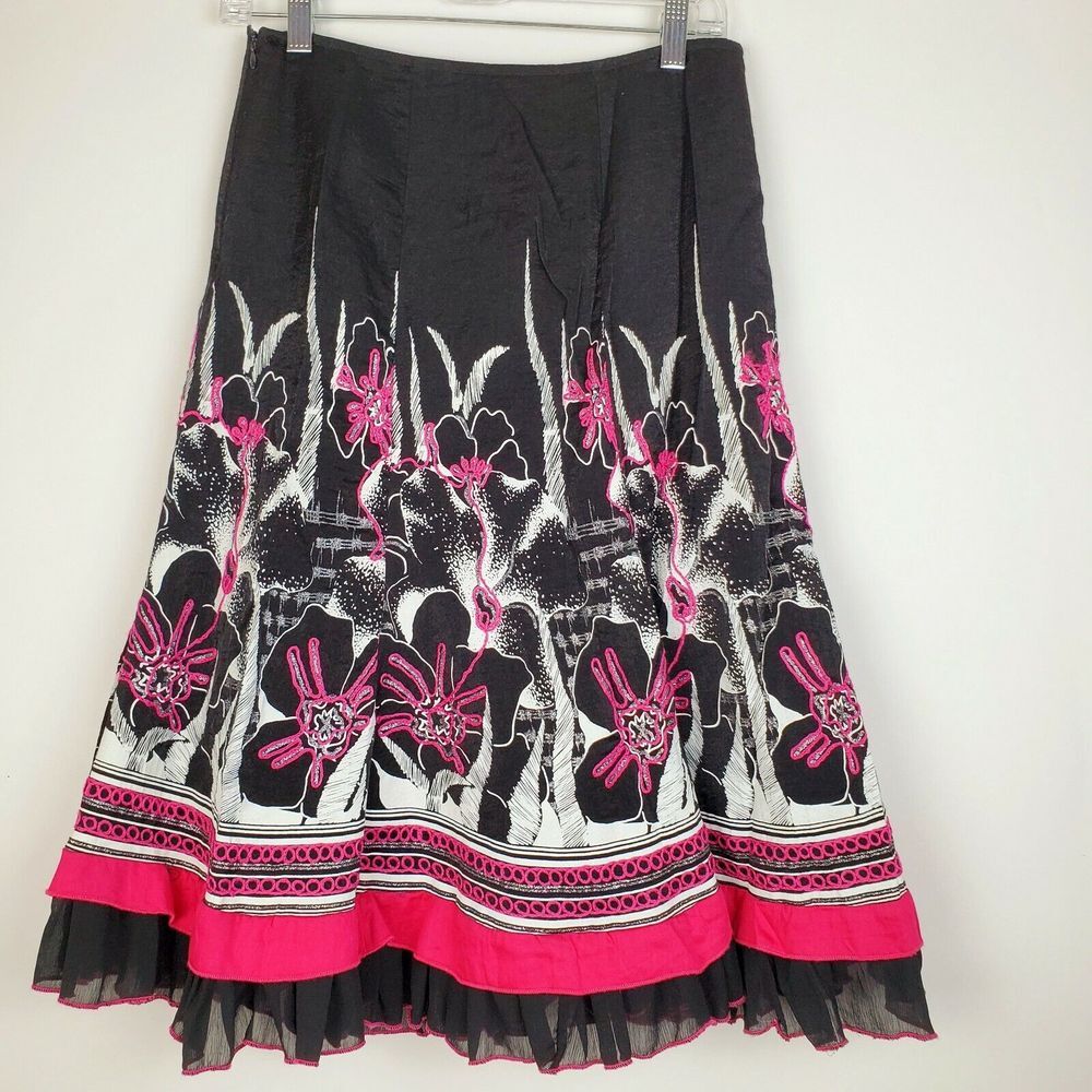 Le Mirage Embroidered Floral Fit‎ & Flare Skirt Black Pink White Size S